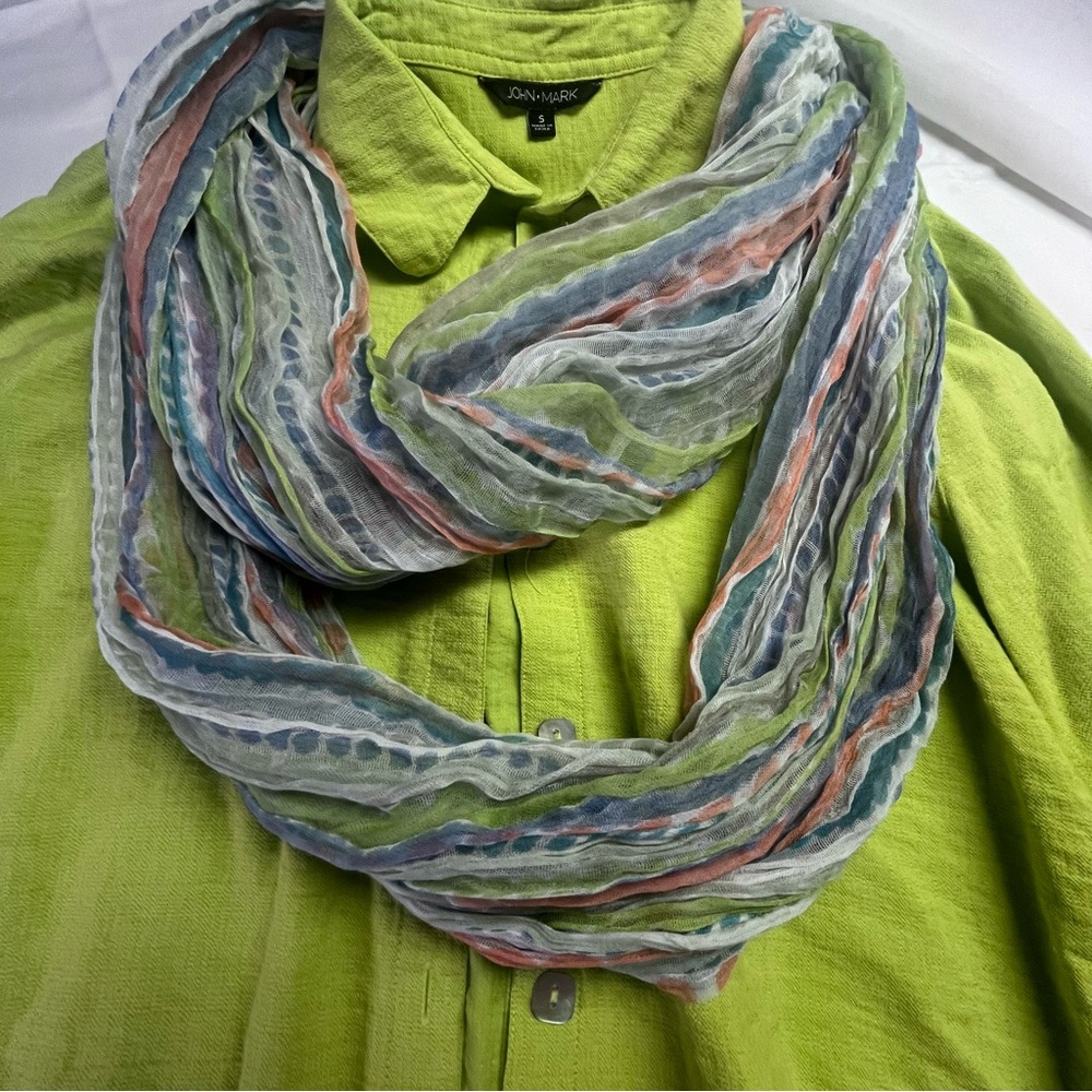 John Mark Women's Small Lime Green Blouse with Colorful Striped Scarf